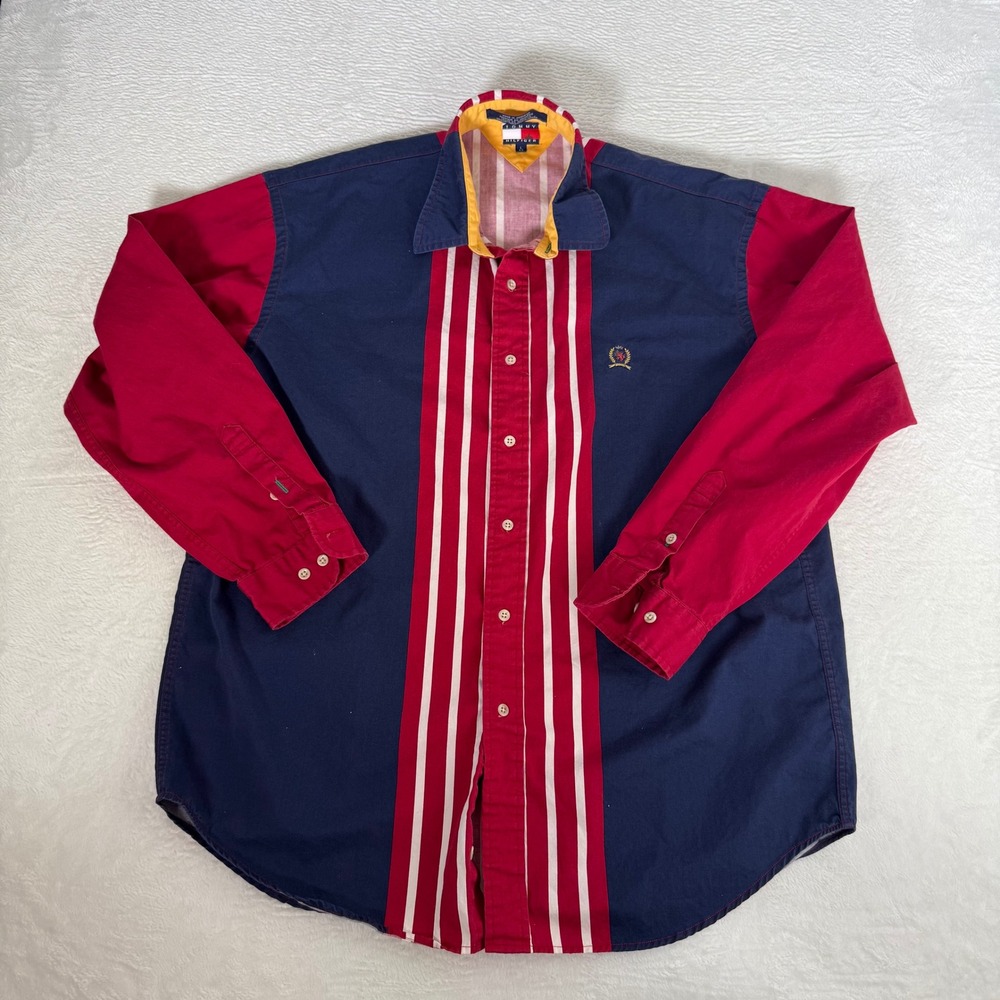 VTG Tommy Hilfiger Shirt Mens L Colorblock Crest Logo Striped Button Down 90s